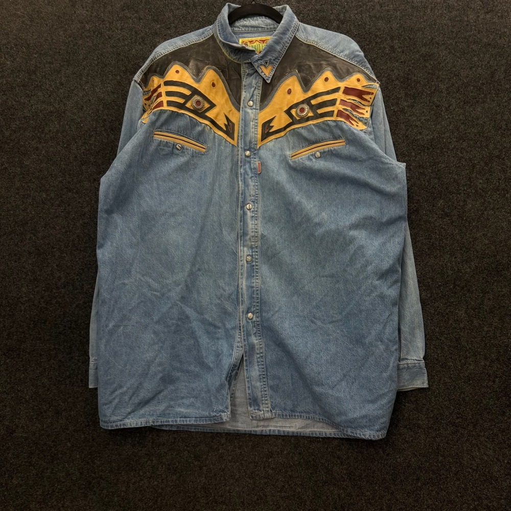 Vintage Shooter Denim Western Pearl Snap Shirt Leather Yoke Southwestern Mens L
